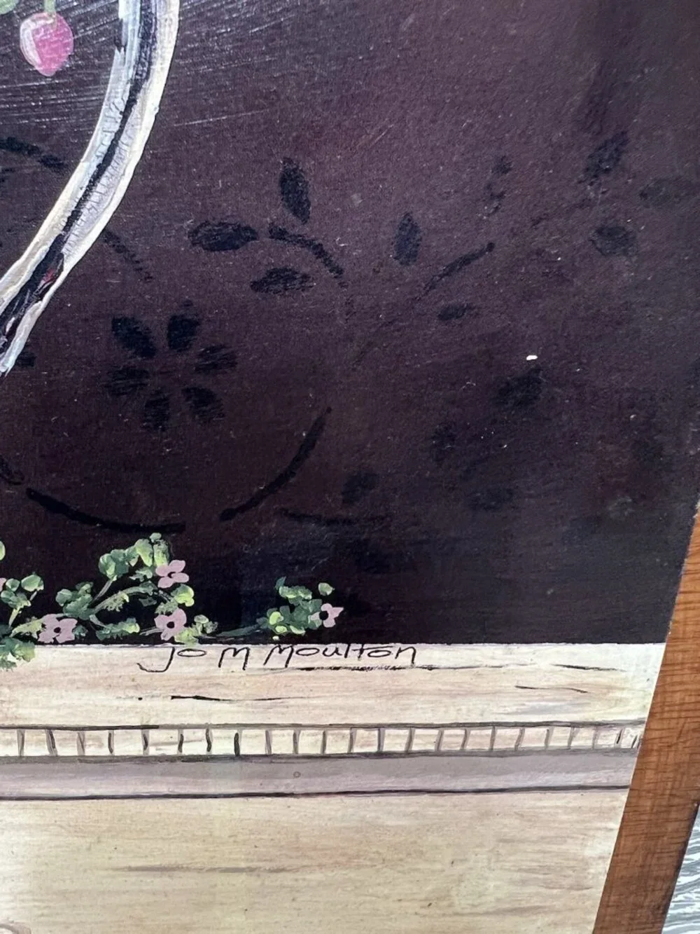 Painted Flowers on Wooden Board Signed Jo Moulton Floral Decor Wall Hanging
